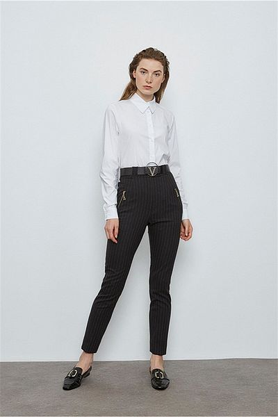 VERDA Leather Belted Striped Trousers