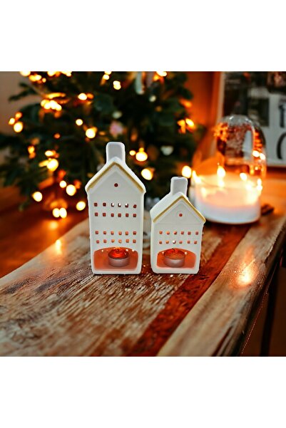 Binbirdemet Seramik 2'li Set Ev Figürlü Dekoratif Mumluk Gold