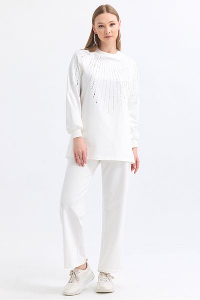 MD trend Women's Stone Detailed Sweatshirt and Trousers Bottom Top Sweatshirt Set