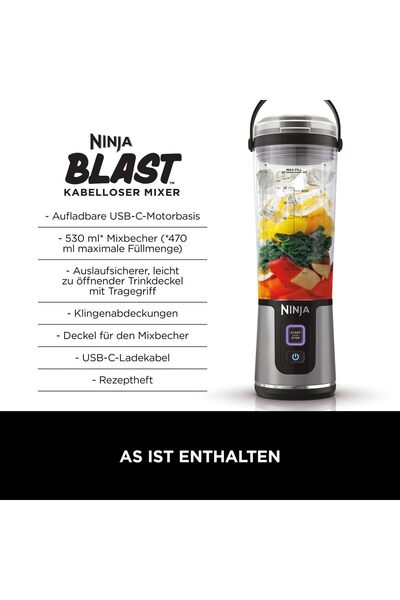NINJA Blast Taşınabilir Kablosuz Mikser ve Smoothie Makinesi, Güçlü, Şarj Edilebilir, 530ml ,