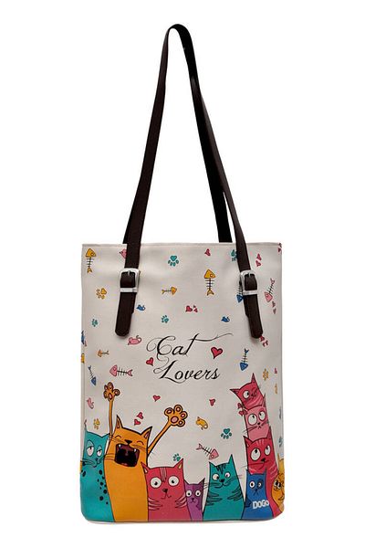 Dogo Women's Vegan Leather Beige Shoulder Bag - Cat Lovers Design