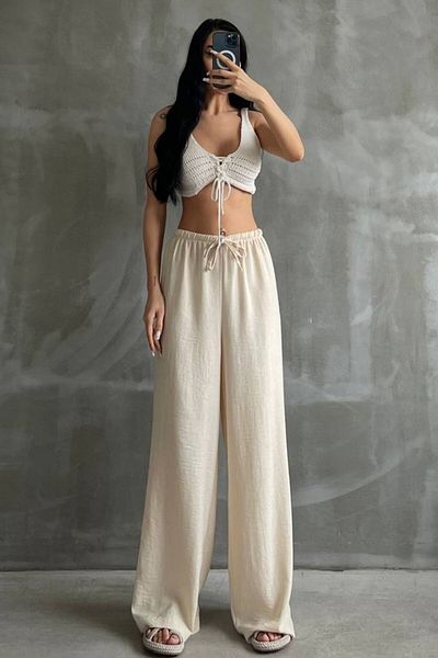 lady special Linen Elastic Waist Palazzo Trousers