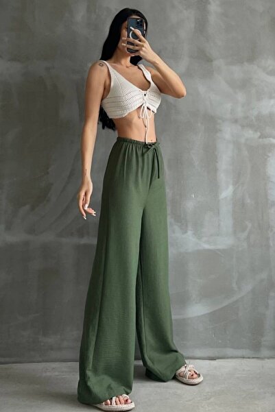 lady special Λινό Παντελόνι Palazzo με ελαστική μέση