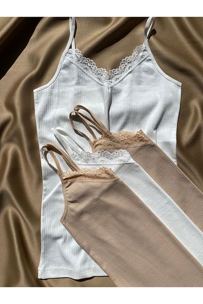 LEYNA BUTİK Women's 4 Rope Strap Cotton, Lycra, Lace, Ribbed Ribbed Blouse-Athlete (2 White - 2 Skin)