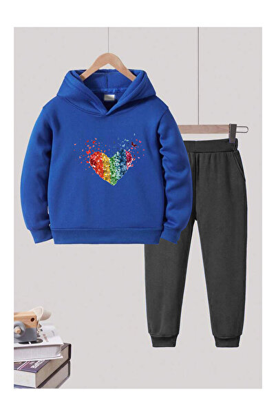 Heybely Kids Kalp Baskılı Kız Çocuk Eşofman Takımı 2 İplik Şardonlu