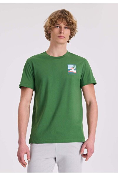 WESTMARK LONDON Πράσινο ανδρικό μπλουζάκι με στάμπα με λαιμόκοψη από οργανικό βαμβάκι κανονική εφαρμογή WMBACK SUNSET