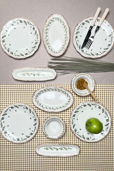 tabakevi PLATE HOUSE Stoneware Flower Green Breakfast Set for 6 People 14 Pieces