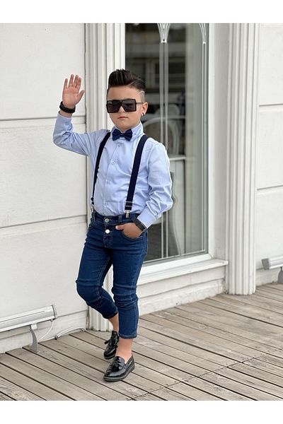 Calisa Boy's Strappy Jeans Trousers Shirt Bow Tie Holiday Suit Combination