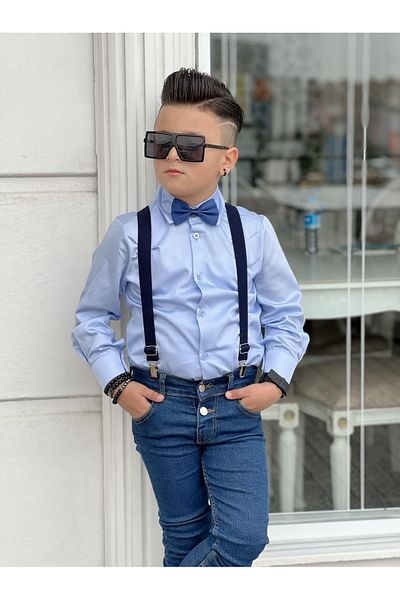 Calisa Boy's Strappy Jeans Trousers Shirt Bow Tie Holiday Suit Combination