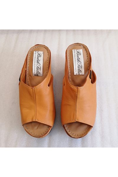 Butik Tülin جلد العجل البرتقالي - شبشب نسائي بكعب مبطن ناعم ومزخرف