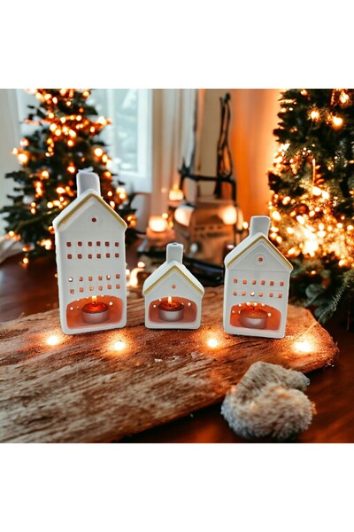 Genel Markalar Seramik 3'lü Set Ev Figürlü Dekoratif Mumluk Gold