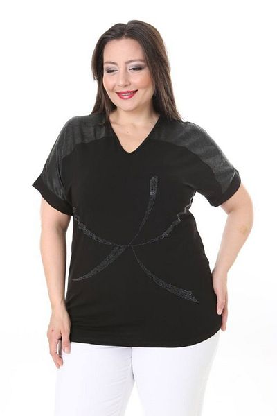 vividbutik Plus Size V-Neck Jewelled Short Sleeve Blouse with Leather Shoulders
