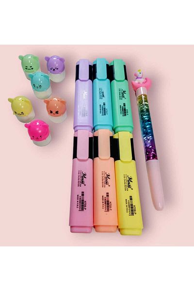 sevgi kırtasiye 6-Piece Pastel Highlighter Pen 6-Piece Mini Teddy Bear Highlighter Set with Glitter Water Ballpoint Pen Gift