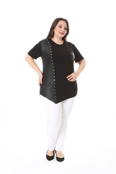 vividbutik Plus Size Round Neck Short Sleeve Blouse with Studded Front and Faux Leather