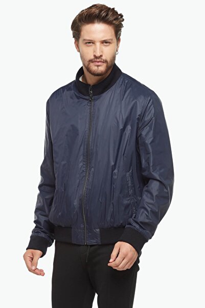 Deriza Kolej Tarzı Çift Taraflı Lacivert Deri Mont