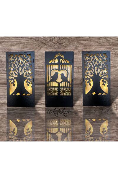 10kdekor 10k Dekor 3 Lü Set  kuş kafes siyah Peri Ledli Ahşap Tablo