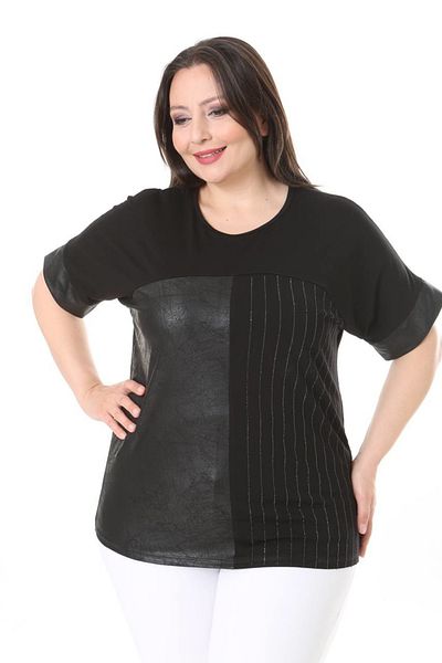 vividbutik Plus Size Round Neck Short Sleeve Blouse with Rhinestones and Leather Front