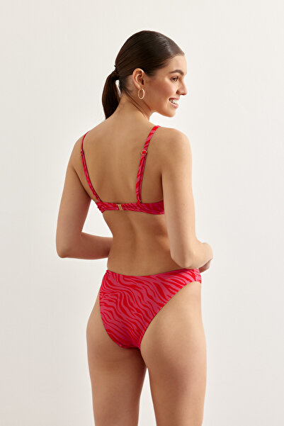 Beach&Beyond Kadın Fusya Zebra Desenli Kurvaze Yaka Bikini Ustu