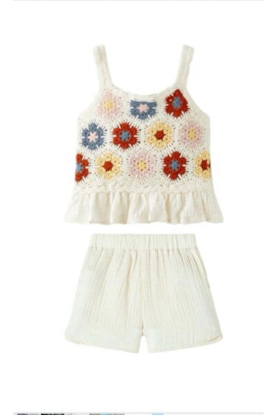 Pink Hippo Kids Girl's Crochet Flower Detailed Blouse and Muslin Shorts Top a...