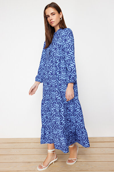 Trendyol Modest Saks Patterned Half Placket Wide Fit Cotton Woven Dress TCTSS23EB00222