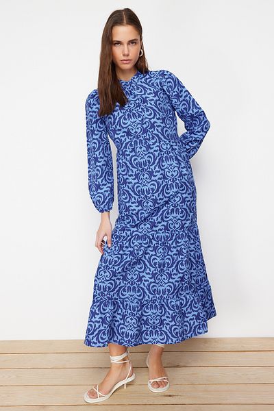 Trendyol Modest Saks gemustertes, gewebtes Baumwollkleid mit halber Knopfleiste und weiter Passform TCTSS23EB00222