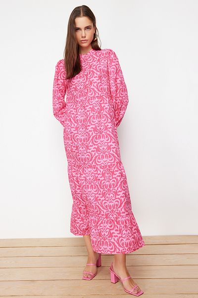 Trendyol Modest Φόρεμα από βαμβακερό ύφασμα με φούξια μοτίβο, φαρδιά και φαρδιά εφαρμογή, TCTSS23EB00222