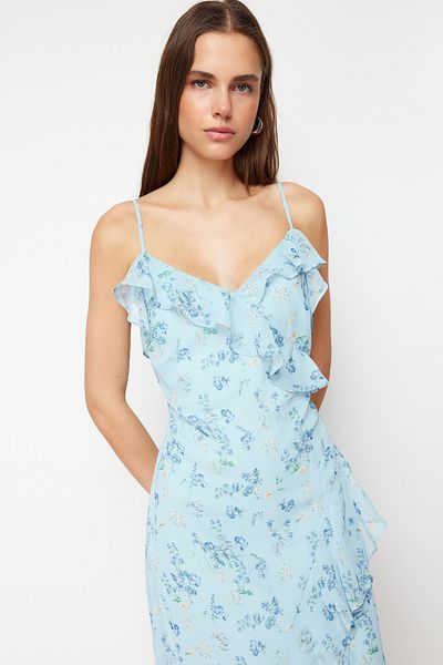 Trendyol Collection Rochie maxi țesătură albastră cu volan, în linie A, din șifon TWOSS24EL00692