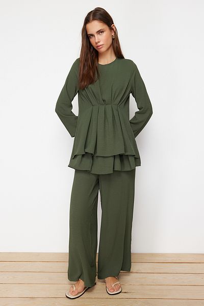 Trendyol Modest Khaki Drawstring Aerobin Tunic Trousers Woven Bottom Top Set TCTSS24US00009