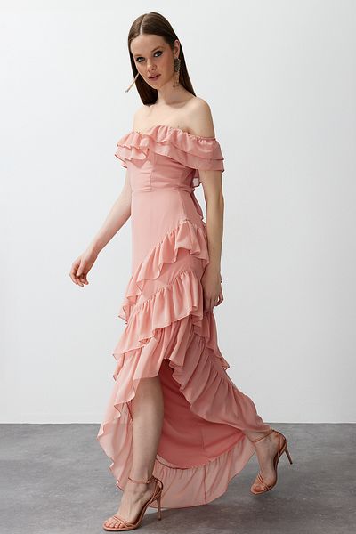 Trendyol Collection Long Dried Rose Chiffon Evening Dress - Ruffle, Woven, TPRSS24AE00092