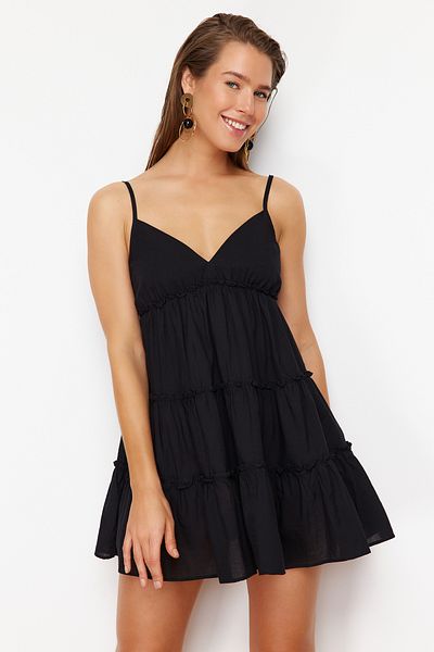 Trendyol Collection Černé mini tkané plážové šaty ze 100% bavlny TBESS24EL00069