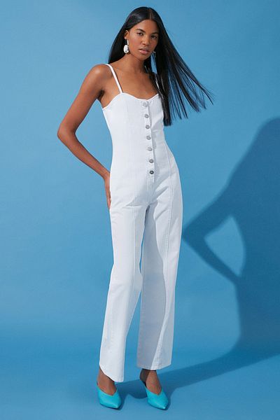 Trendyol Collection Weißer Denim-Overall mit weitem Bein und Herzkragen und Riemchen TWOSS24TU00018