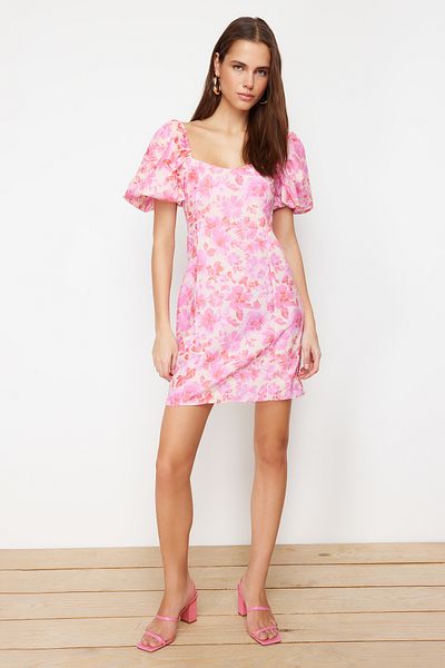 Trendyol Collection Μίνι υφαντό φόρεμα ροζ λουλουδάτο μανίκι με μπαλόνι TWOSS24EL00694