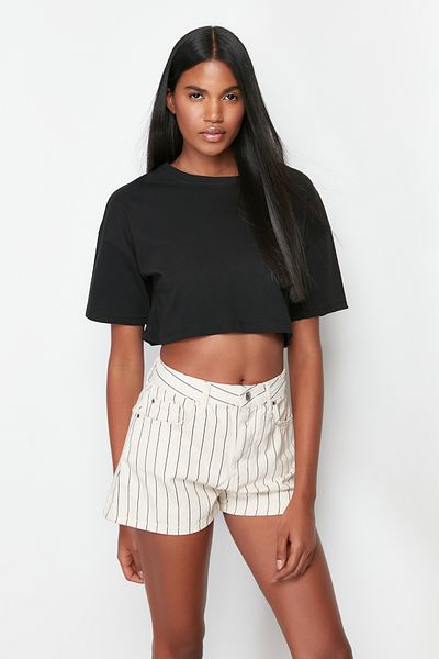 Trendyol Collection Ecru Striped High Waist Denim Shorts TWOSS24SR00103