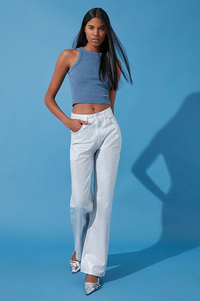 Trendyol Collection Білі блискучі джинси з принтом металік з високою талією та широкими штанинами TWOSS24JE00163
