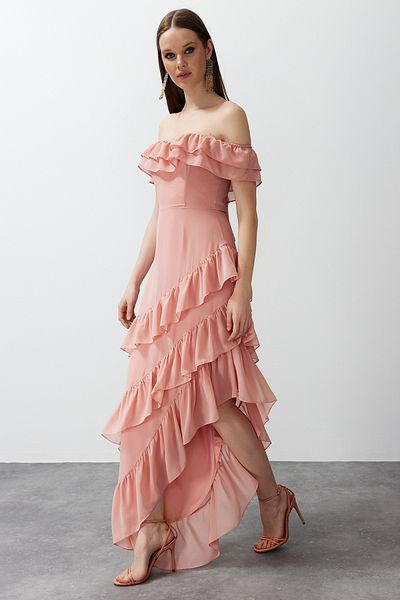 Trendyol Collection Long Dried Rose Chiffon Evening Dress - Ruffle, Woven, TPRSS24AE00092