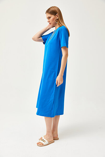 Olalook Női Saks kék túlméretezett pamut ruha oldalsó hasítékkal ELB-19001880