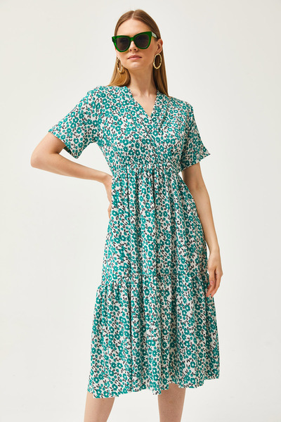 Olalook Γυναικείο φόρεμα Daisy Green ελαστική μέση με διπλό γιακά με σχέδιο ELB-19002115