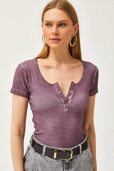 Olalook Damen-Camisole-Bluse in verwaschenem Lila mit Druckknöpfen BLZ-19000171