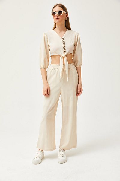 Olalook Women's Stone Top Buttoned Blouse Bottom Pocket Trousers Linen Set TKM-19000277