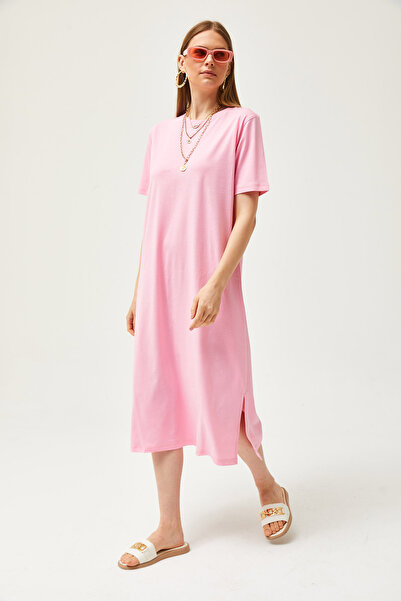 Olalook Rózsaszín, oldalt hasított, túlméretezett pamut ruha ELB-19001880