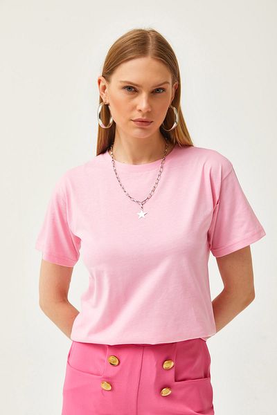Olalook Women's Pink Crew Neck Basic T-Shirt TSH-19000774