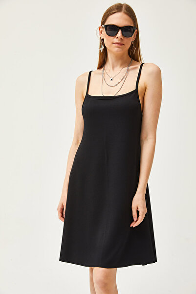 Olalook Dámské černé šaty s tenkým řemínkem s měkkým texturovaným krystalem ELB-19002113