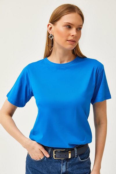 Olalook Női Saks Kék Crew Neck Basic póló TSH-19000774