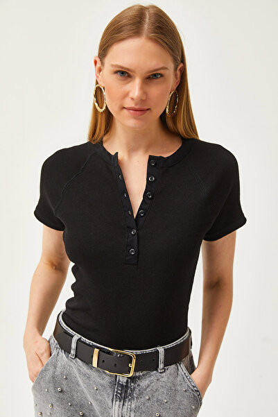 Olalook Women's Black Buttoned Raglan Short Sleeve Blouse Blz- 19002590