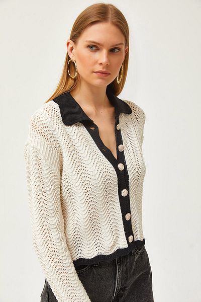 Olalook Saisonale Strickjacke aus ecrufarbener Baumwolle mit Polokragen und Streifen für Damen HRK-19000285