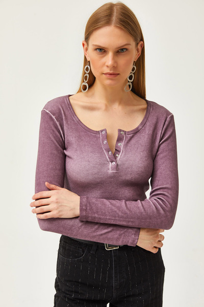 Olalook Kadın Yıkamalı Mor Patlı Kaşkorse Bluz BLZ-19000588