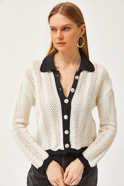 Olalook Saisonale Strickjacke aus ecrufarbener Baumwolle mit Polokragen und Streifen für Damen HRK-19000285