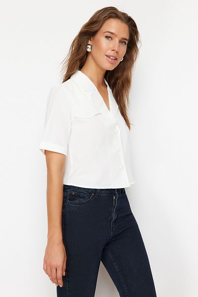 Trendyol Collection Ecru Linen Look Větrovka Detailní Crop Pruhovaná tkaná košile TWOSS24GO00132