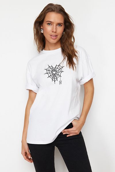 Trendyol Collection White Premium 100% Cotton Spider Web Printed Oversize/Wide Fit Knitted T-Shirt TWOSS24TS00217