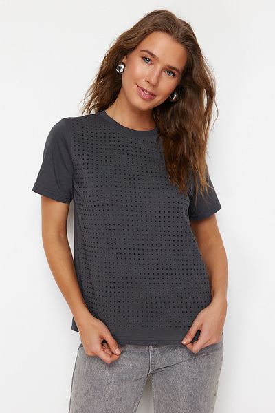 Trendyol Collection Anthracite 100% Cotton Stone Detailed Regular/Normal Fit Crew Neck Knitted T-Shirt TWOSS24TS00170